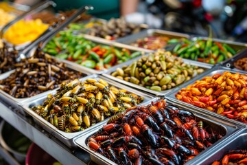 Colorful display of edible insects at a market