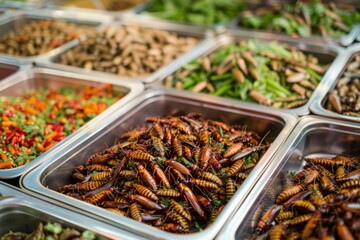 Various edible insects displayed in a market setting