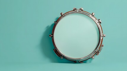 A round tambourine instrument on a teal background