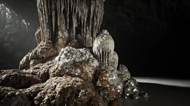 Close up of intricate mineral formations on a towering stalagmite, highlighting the delicate textures and unique crystalline structures shaped over millennia by water.