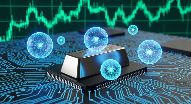 Image showing silver ingot on microchip, glowing orb, line graph, representing financial technology, cryptocurrency and data analysis in business - Powered by Adobe