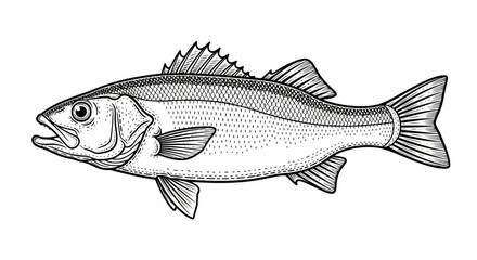 Fototapeta premium Hand Drawn Ocean or Sea and River Fish Illustration Bundle. A Collection of Salmon and Tuna or Pike and Anchovy, Herring, Trout, Dorado Sketches Silhouettes.