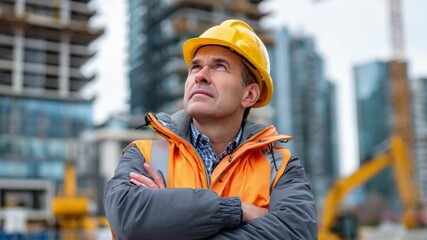 Visionary Builder: A construction worker stands confidently with arms crossed, observing the progress of a bustling construction site. The image captures the focus and determination of the architect.
