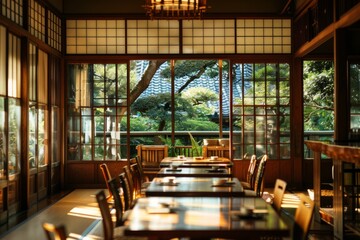 Serene dining area with wooden tables and garden view