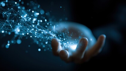 Digital network emanating from an open palm, illuminated by a bright glow