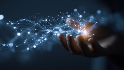 Hand holding illuminated network of glowing nodes and lines