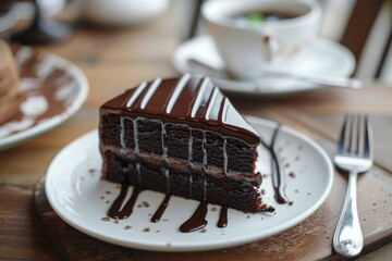 Delicious chocolate cake slice on a plate with coffee