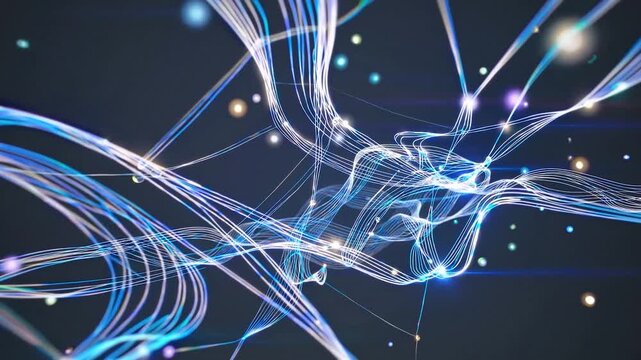 Futuristic blue and white light trails flowing through space in a mesmerizing dance, representing concepts like data streams, neural networks, or advanced technological processes