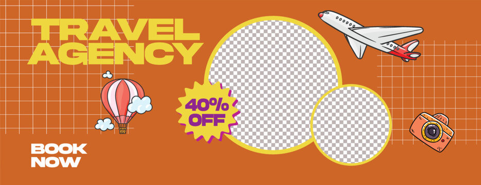 Travel agency horizontal banner and social media header vintage template design for vacation packages, travel deals, hotel and resort booking, flight ticket offers, and tour promotion