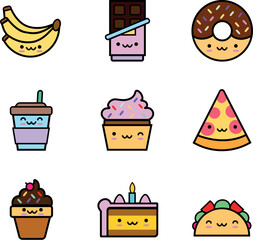 Kawaii Food and Dessert Icon Set with Cute Faces