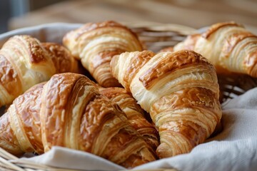 Freshly baked croissants in a basket on a table