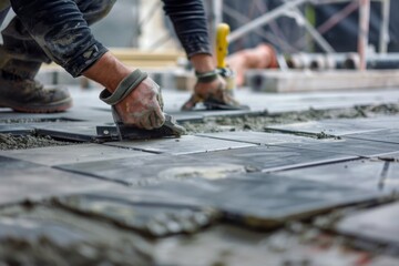 Adult man working hard on tile installation at construction site