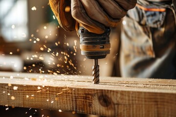 Adult man using a drill to work on wood with focus and concentration