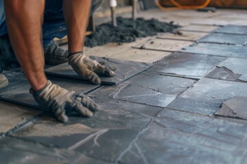 Adult man working diligently on floor tiling project