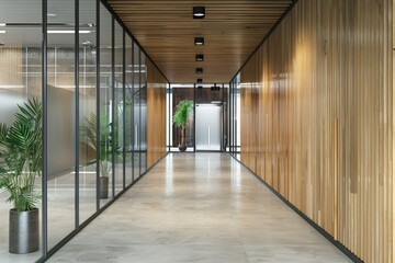 Modern office hallway with plants and wooden accents