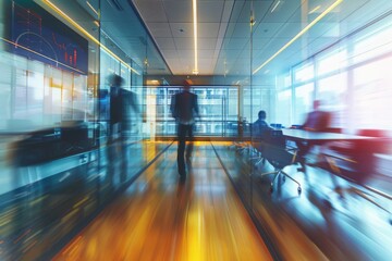 Adult professional walking through a modern office with focused expression