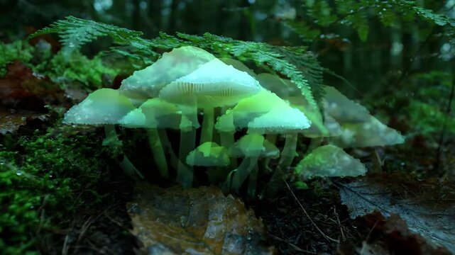 Macro view of a cluster of bioluminescent fungi, showcasing intricate gill structures and the gentle, pulsating glow against a dark, damp forest floor.