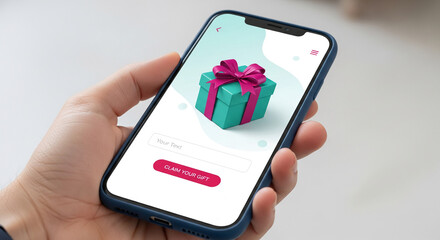 Human hand holding a smartphone showing gift box on the screen, representing a promotion. Free space for your text and advertisement, marketing