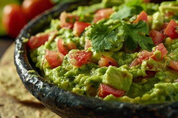 Delicious guacamole with fresh tomatoes and cilantro in a bowl