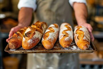 Adult baker proudly holding fresh bread loaves in bakery