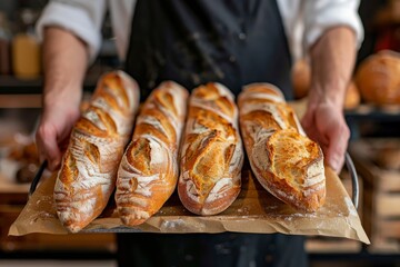 Adult baker holding freshly baked bread in a bakery