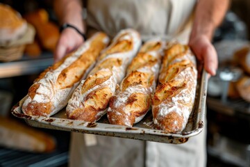 Adult baker holding fresh baguettes in a bakery