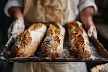 Adult baker holding freshly baked bread loaves with pride