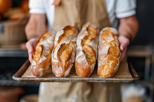Adult man holding freshly baked baguettes in a bakery