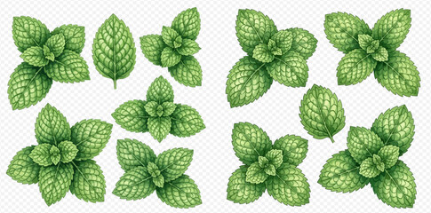 Fresh green mint leaves and sprigs, perfect for culinary and herbal designs. © Akun