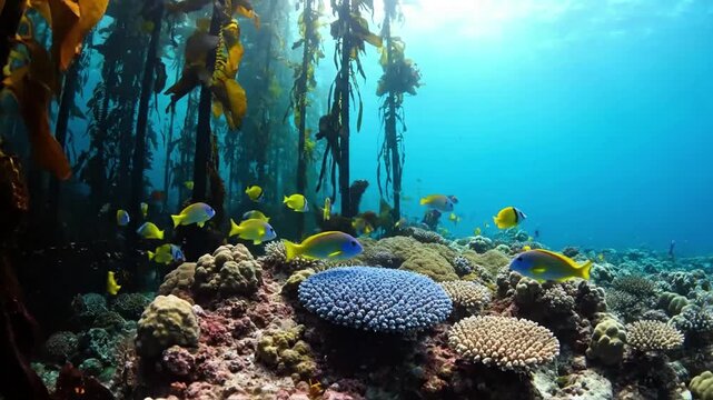A solitary vibrant tropical fish gracefully navigating through an untouched coral reef, showcasing its intricate patterns and fluid movements against a pristine backdrop.