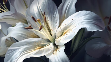 Stunning white lily blossoms display intricate texture and central reproductive structures