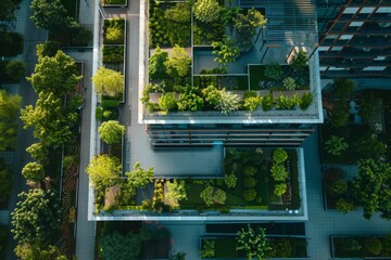Aerial view of a modern green rooftop garden in an urban setting