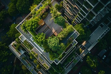 Aerial view of a modern green building with lush rooftop gardens