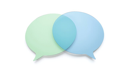 Fototapeta premium Two overlapping speech bubbles are depicted on a plain white background. The left bubble is light green, while the right bubble is light blue, both featuring rounded corners and a smooth, minimalistic