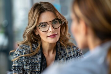 Adult woman with glasses listening attentively in a conversation