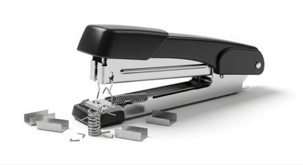 Black and Silver Stapler with Staples on White Background