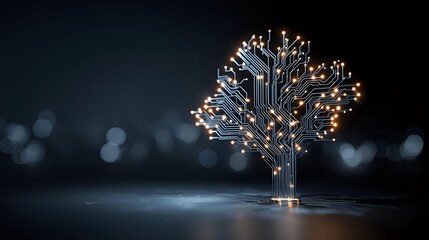 Circuit board tree with glowing nodes a conceptual representation of technology innovation and the digital age set against a blurred background