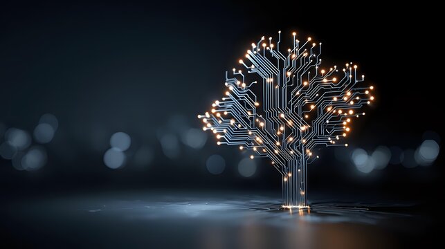 Circuit board tree with glowing nodes a conceptual representation of technology innovation and the digital age set against a blurred background
