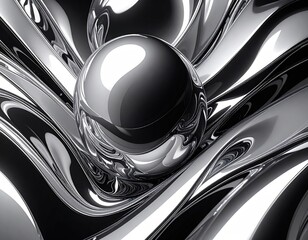 Chrome sphere nested in flowing reflective silver surfaces