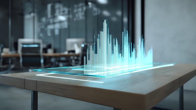 Holographic city skyline on a table in a modern office futuristic technology concept for architecture and urban planning presented in a clean cont