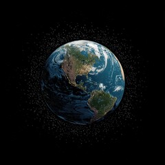Obraz premium Earth viewed from space, surrounded by a debris field