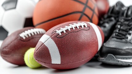 Clean white sports lineup: football, basketball, tennis balls—detailed leather stitching, soft top light, copy-space for sale text, perfect for store poster or e-commerce hero.