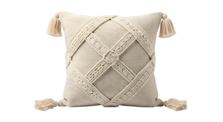 Cream woven throw pillow with diamond pattern and tassels isolated on a transparent background cushion