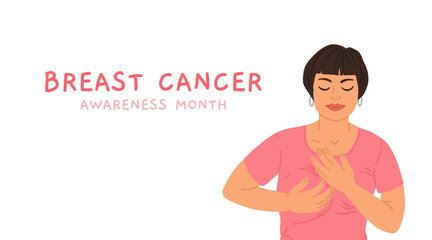 Breast cancer self examination awareness illustration with woman checking her breast, health education visual for prevention, early detection campaign, medical screening and womens healthcare support