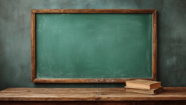 Rustic wooden table with old books beside a weathered green chalkboard - Powered by Adobe