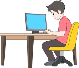Boy Working at Desk with Computer in a Modern Workspace Illustration