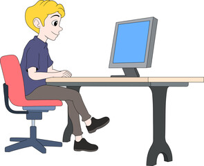 Boy Working at Desk with Computer in a Clean Modern Workspace Illustration
