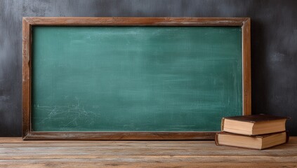 Empty green chalkboard with wooden frame sits on a rustic table
