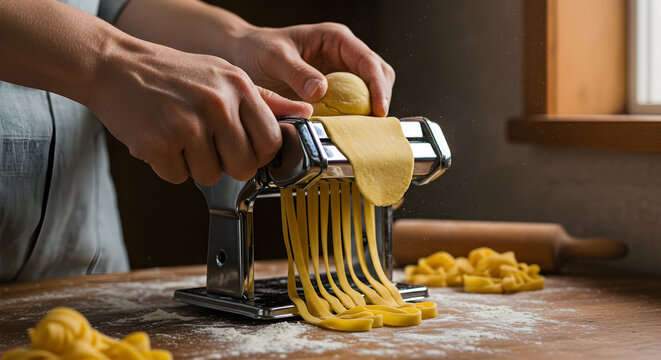 Hands Skillfully Operating A Pasta Machine To Create Fresh Homemade Pasta From Scratch In A Cozy Kitchen Environment