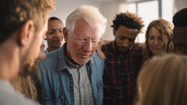 A supportive group of friends surrounds an elderly man, offering empathy and understanding during a heartfelt conversation. The circle of friends provides comfort and encouragement
